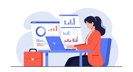 Poster - Businesswoman analyzing data on laptop with charts and graphs in modern office setting