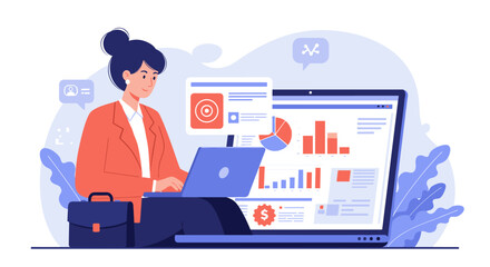 Poster - Businesswoman analyzing data on laptop with business analytics charts in modern office