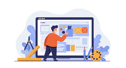 Poster - Website design concept with character working on draft in modern workspace