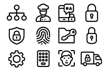 Poster - Simplified security icons set featuring padlock, fingerprint, and profile symbols in dark tones