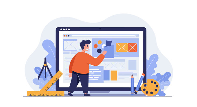 Website design concept with character working on draft in modern workspace