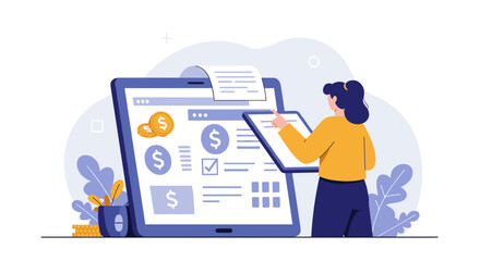 Poster - Woman analyzing financial data on tablet in modern flat design concept