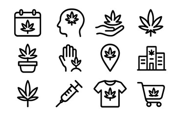 Poster - Cannabis icons set: medical, recreational, and retail symbols in simple black outline