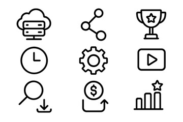 Fototapete - Minimalistic icon set featuring cloud, share, trophy, and more on dark background