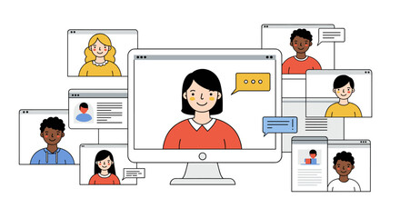 Fototapete - Virtual meeting interface with diverse participants and messaging bubbles