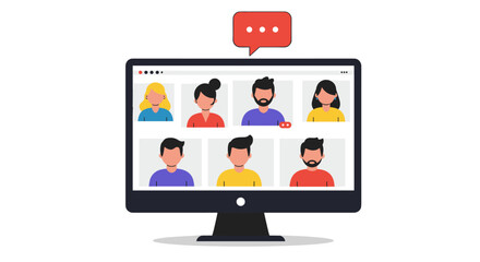 Fototapete - Online meeting with diverse avatars in flat design on computer screen