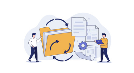 Poster - Data synchronization concept with teamwork and efficient file management