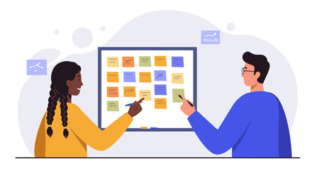 Poster - Team collaboration on project management strategy with colorful sticky notes