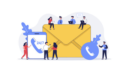 Poster - Customer support and communication concept with tiny people and phone icon