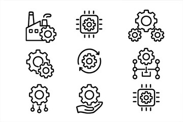 Poster - Industrial technology icons collection: factory, gears, chip, hand, arrows
