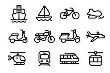 Poster - Minimalistic transportation icons featuring various vehicles in black outline style