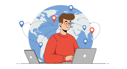 Poster - Global connectivity concept with person using laptop for online communication
