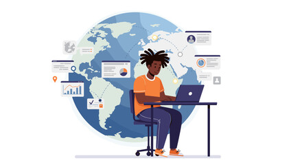 Poster - Global remote work concept with a person using laptop near world map