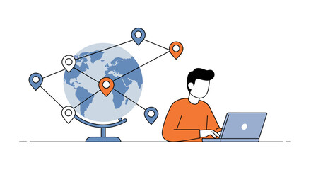 Fototapete - Global networking concept with person using laptop and world map connections