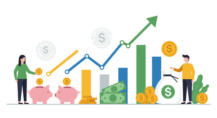 Poster - Financial growth and savings concept with graphs and piggy banks