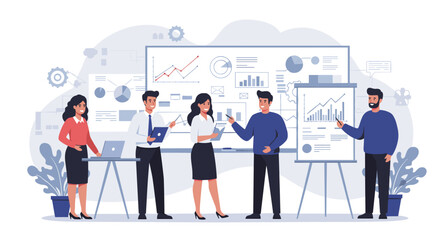 Poster - Team meeting and data analysis concept with charts and graphs in flat style