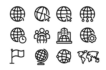 Poster - Minimalist global icons: network, communication, business, world map