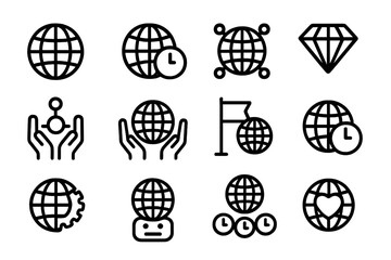 Poster - Global communication and time icons in modern line art style