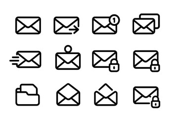 Fototapete - Set of email icons with security and communication elements on a dark background