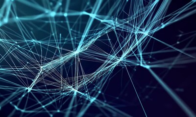 Poster - . A close-up of an abstract digital web, with glowing lines and curves in shades of blue against a dark background. The web is made up of thin grid-like structures that give it the appearance 