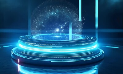Poster - Abstract futuristic blue technology background with a glowing round podium and holographic elements for product presentation in a virtual space or digital scene,