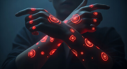 Poster - Human arms with glowing energy circles futuristic technology science fiction digital art