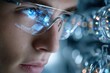 © YouraPechkin - Close-up view of a person wearing smart glasses with digital display at a tech laboratory