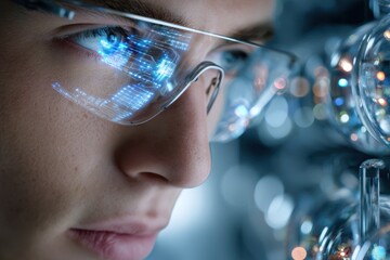 Poster - Close-up view of a person wearing smart glasses with digital display at a tech laboratory