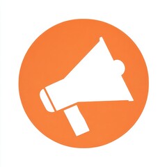 Aufkleber - Minimalistic white megaphone with flared horn and rectangular handle, set against vibrant orange circular background, clean-lined design, easily recognizable icon.