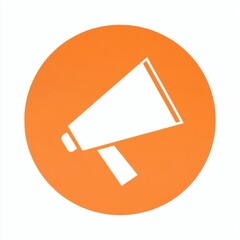Aufkleber - Minimalistic white megaphone with flared horn and rectangular handle, set against vibrant orange circular background, clean-lined design, easily recognizable icon.