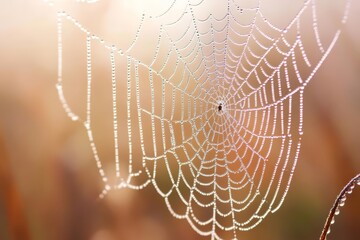 Dew-Kissed Spiderweb: A Glimmering Tapestry of Nature's Design, featuring intricate details, delicate threads, morning light, glistening droplets, macro photography, wildlife photography