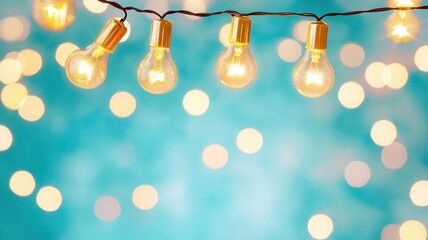 Poster - Glowing illuminating bulbs suspended from string, ambiance blurred turquoise backdrop with soft, intimate light