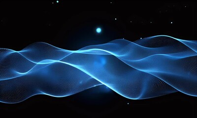 Fototapete - 
Abstract blue wave background with dots and lines, a digital technology concept design for a web banner or presentation on a black backdrop.