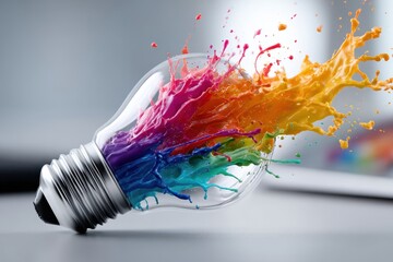 Poster - Colorful explosion of paint from a light bulb in a creative workspace