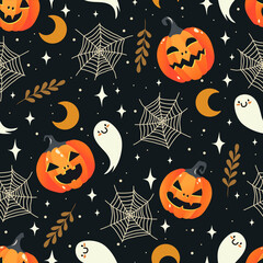 Wall Mural - seamless pattern of doodle halloween pumpkins, web, ghosts and moons. perfect for halloween, holiday