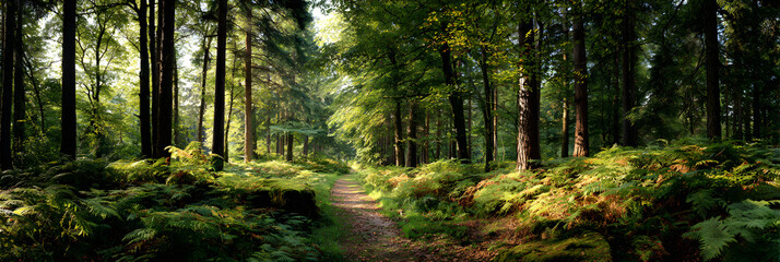  Tranquil Woodland Escape: A Sun-dappled Forest Path Through Lush Green Trees and Whispering Leaves