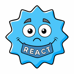 Poster - Sky blue circular badge with white react logo and text on a white background