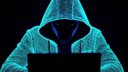 Poster - Illuminated digital hacker in a futuristic hooded outfit on a black background