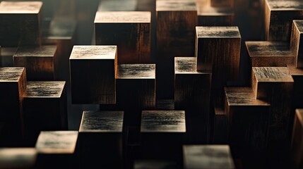 Aufkleber - Abstract Arrangement of Textured Wooden Blocks in Soft Lighting