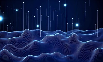 Poster - Abstract digital blue background with glowing dots and lines forming a landscape. Big data technology concept design