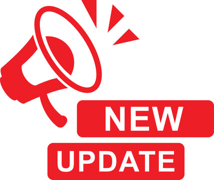 red megaphone icon with new update text label used for announcement, alert or notification graphics	