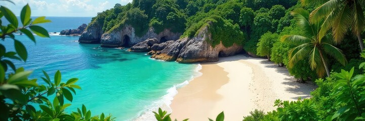 Wall Mural - Lush green vegetation cascading down to a pristine, sandy beach; turquoise water laps gently at the shore  Perfect for eco-tourism, travel, and nature-themed projects ,  summer,  foliage
