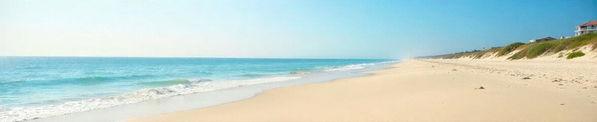 Wall Mural - Serene coastal landscape featuring a wide expanse of sandy beach meeting the endless horizon under a clear sky Perfect for travel, vacation, and nature themes , golden sand, summer