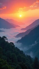 Wall Mural - Serene sunrise over a misty mountain range, conveying a sense of peace and spiritual awakening Perfect for meditation, yoga, or mindfulness themes , stillness, mountains, backdrop