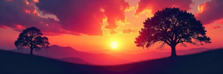 Wall Mural - Silhouetted trees against a vibrant sunset, conveying a sense of awe and spiritual connection to nature; peaceful, meditative mood , heaven, tranquility