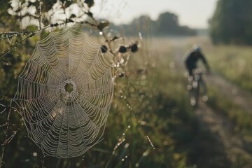 Dew-Kissed Spiderweb: A Morning Scene with Nature, Dewdrops, Spider, Web, Insect, Outdoor, Wildlife, Bokeh, Blur, Sunlight