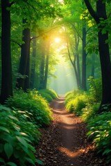 Wall Mural - Sun-dappled forest path winding through lush greenery, sunlight filtering through leaves, creating a magical atmosphere Perfect for nature, travel, and environmental themes , botanical, flora