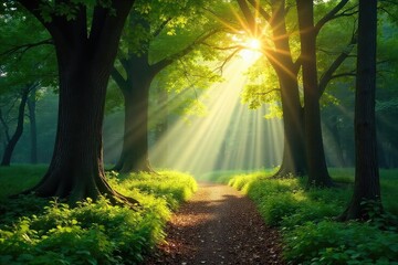 Wall Mural - Sun-dappled forest path winds through ancient trees, sunlight filtering through leaves, creating a magical atmosphere Discover the serenity of untouched wilderness , green, natural, quiet