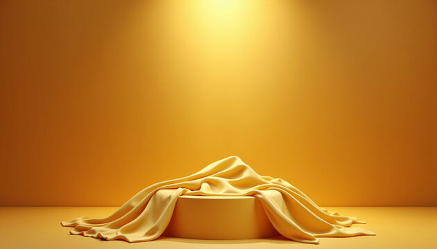 Abstract golden draped pedestal under spotlight illuminating a presentation background element