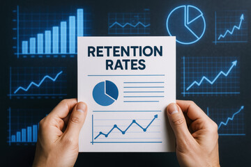 Poster - A report card highlighting retention rates with animated charts and graphs demonstrates business growth and performance analysis